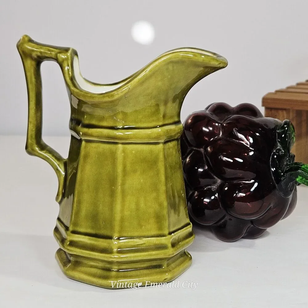 Vtg Studio Pottery Creamer Olive Green Paneled Octagon Mini Stone Pitcher Signed